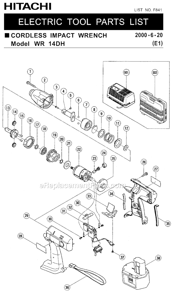 Metabo HPT (Hitachi) WR14DH " Square Drive, 14.4V Cordless Impact Wrench Page A Diagram