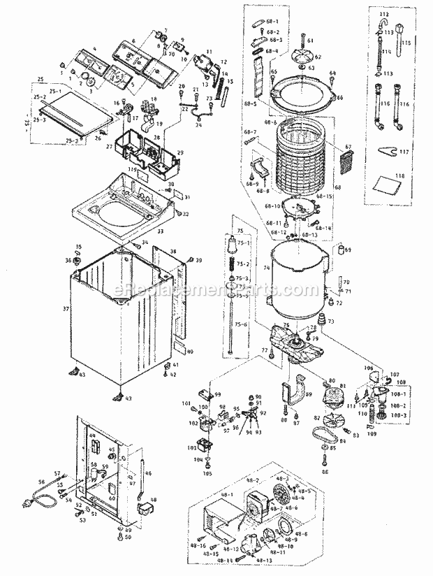 Hoover A1089 Residential Washer Shell, Spincan, Spinmotor, Timer, Tub Diagram