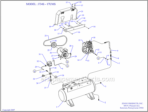 Jenny F34S-17S Single Stage Single Phase Compressor Page A Diagram