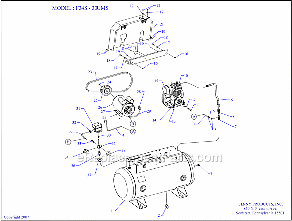 Jenny F34S-30S Single Stage Single Phase Compressor Page A Diagram