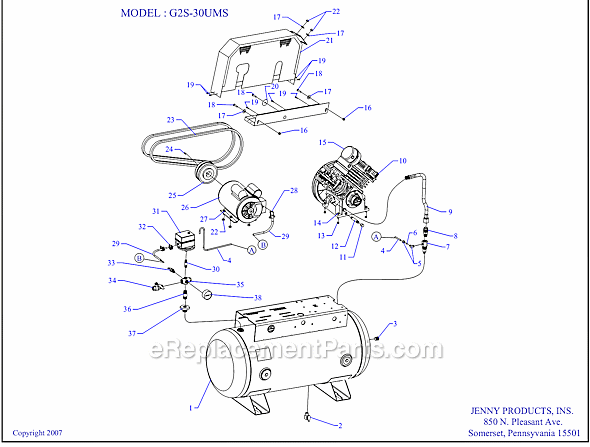 Jenny G2S-30S Single Stage Single Phase Compressor Page A Diagram