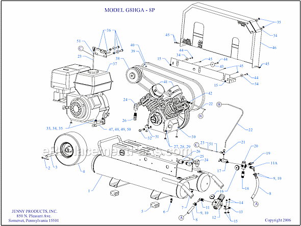 Jenny G8HGA-8P Wheeled Portable Gas Single Stage Compressor Page A Diagram