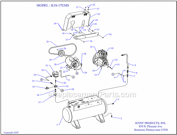Jenny K1S-17 Single Stage Single Phase Compressor Page A Diagram
