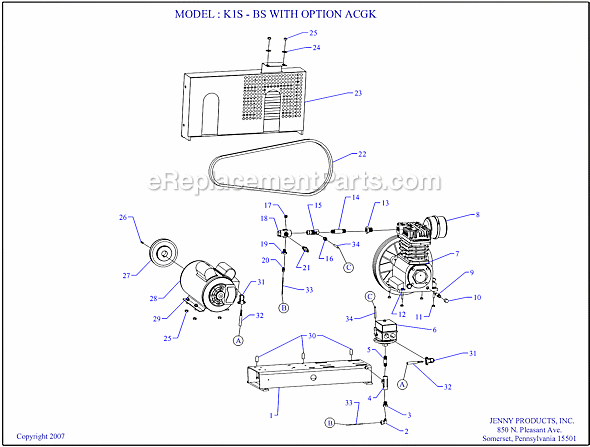 Jenny K1S-BS (ACGK) Single Stage Single Phase Compressor Page A Diagram