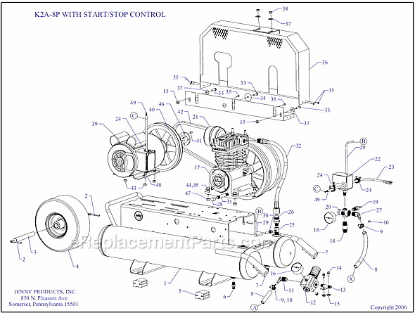 Jenny K2A-8P-SSC Wheeled Portable Electric Single Stage Compressor Page A Diagram