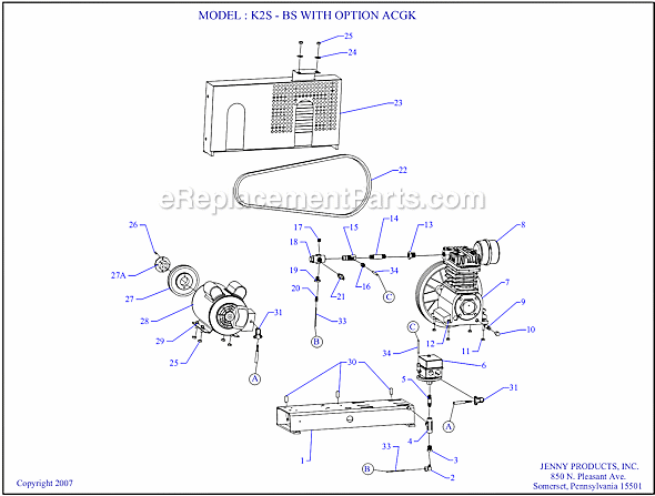 Jenny K2S-BS (ACGK) Single Stage Single Phase Compressor Page A Diagram