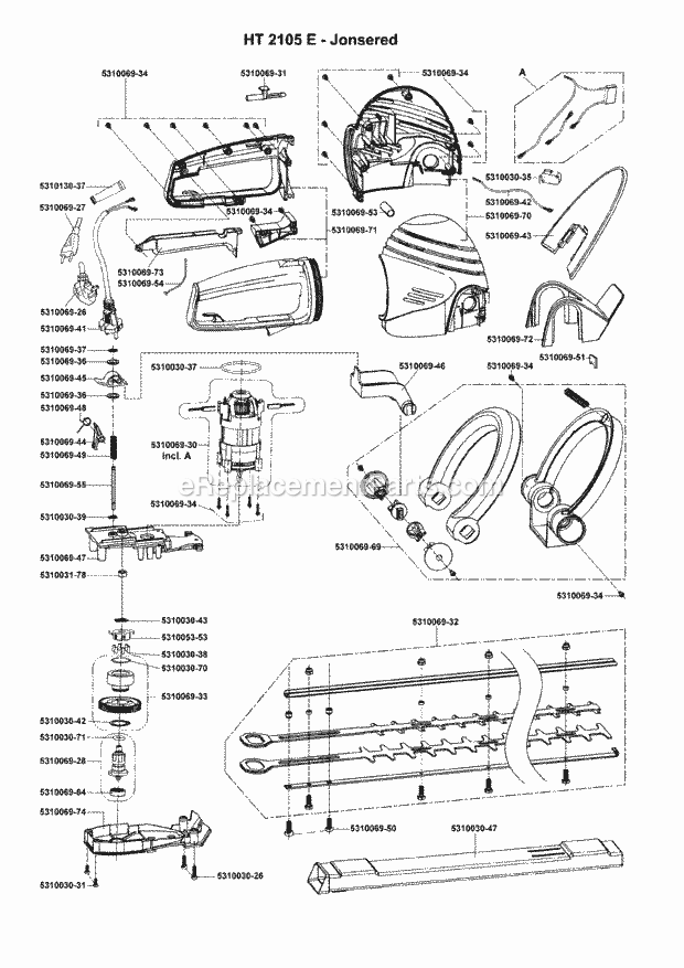 Jonsered 450 R HT 2105 E (1995-01) Lawn Mower: Consumer Walk-behind Product Complete Diagram