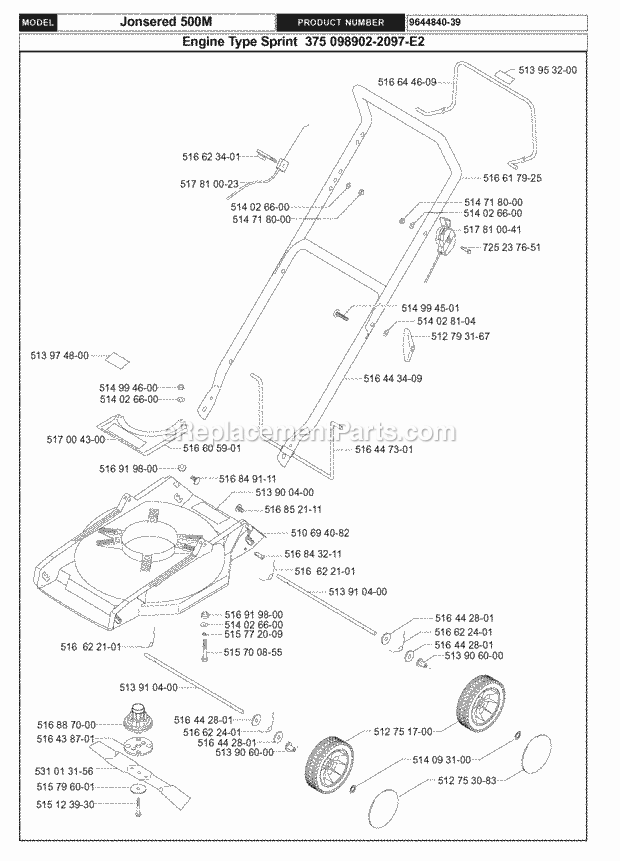 Jonsered 500 M - 964484039 (1999-02) Lawn Mower: Consumer Walk-behind Product Complete Diagram