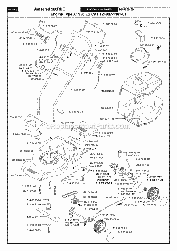 Jonsered 580RDE - 964483839 (1999-02) Lawn Mower: Consumer Walk-behind Product Complete Diagram