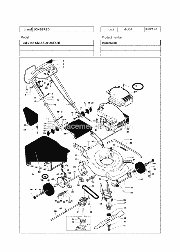 Jonsered LM 2147 CMDAE - 953876588 (2010-06) Lawn Mower: Consumer Walk-behind Product Complete Diagram