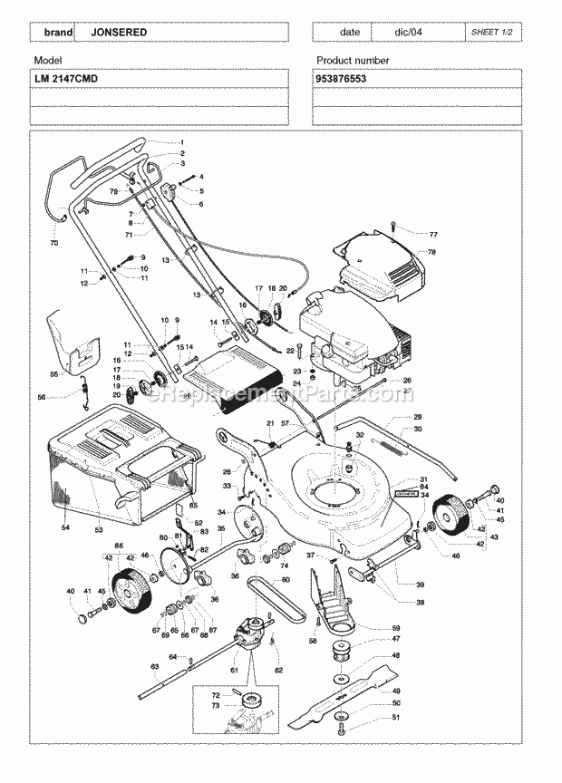 Jonsered LM 2147 CMD - 953876553 (2005-02) Lawn Mower: Consumer Walk-behind Product Complete Diagram