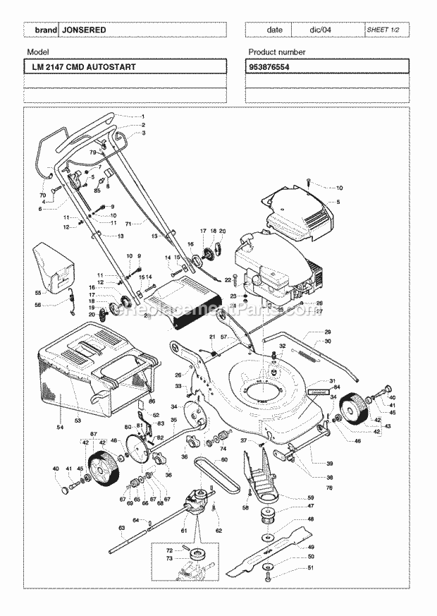 Jonsered LM 2147 CMD - 953876554 (2005-02) Lawn Mower: Consumer Walk-behind Product Complete Diagram