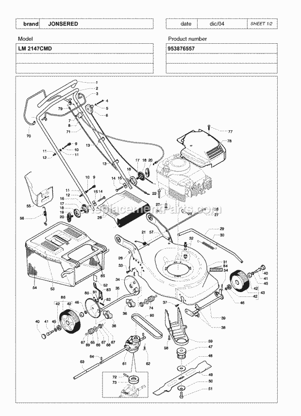 Jonsered LM 2147 CMD - 953876557 (2005-02) Lawn Mower: Consumer Walk-behind Product Complete Diagram