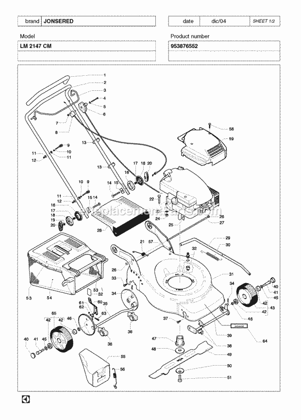 Jonsered LM 2147 CM - 953876552 (2005-02) Lawn Mower: Consumer Walk-behind Product Complete Diagram