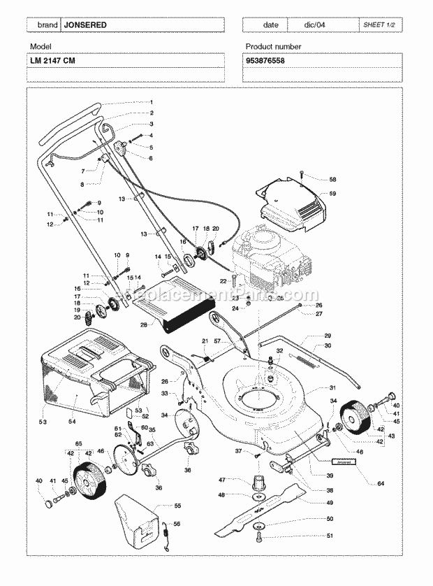Jonsered LM 2147 CM - 953876558 (2005-02) Lawn Mower: Consumer Walk-behind Product Complete Diagram