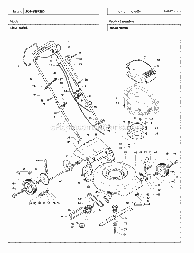 Jonsered LM 2150 MD - 953876500 (2005-02) Lawn Mower: Consumer Walk-behind Product Complete Diagram