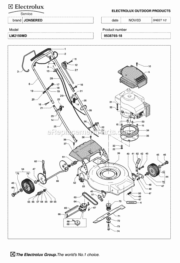 Jonsered LM 2150 MD - 953876518 (2004-01) Lawn Mower: Consumer Walk-behind Product Complete Diagram