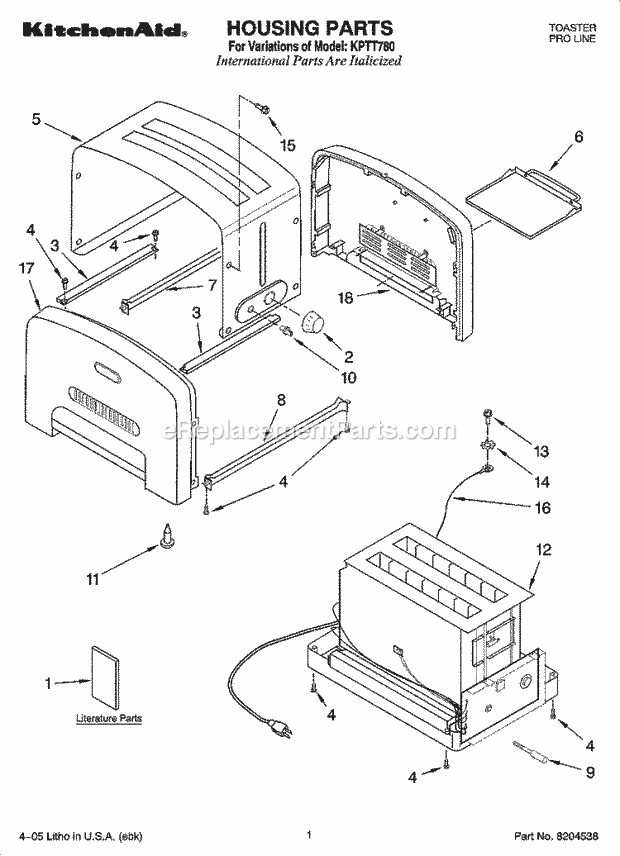 KitchenAid KPTT780 Toaster Housing Parts Diagram