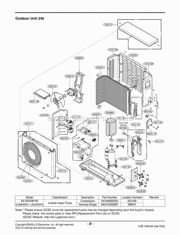 LG LAU245HV Room A/C Air Conditioner Exploded View 1 Diagram