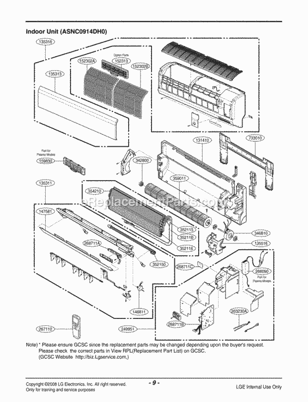LG LSN092CE Room A/C Air Conditioner Exploded View 1 Diagram