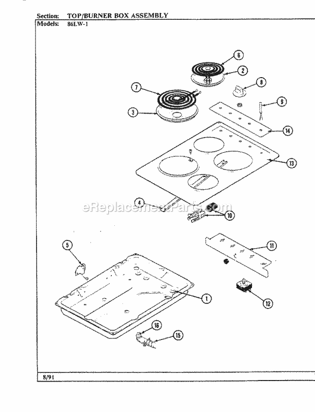Magic Chef 86LW-1 Electric Cooking Top Assembly Diagram