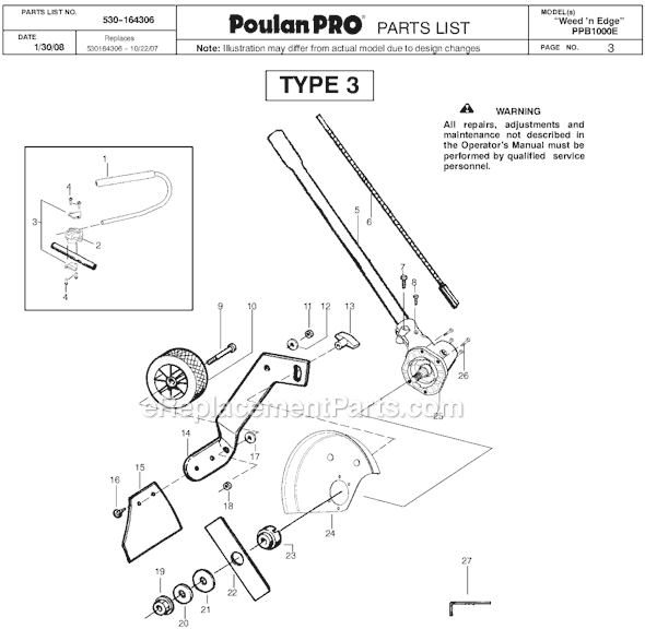 Poulan PP1000E Edger Attachment Type 3 Page A Diagram