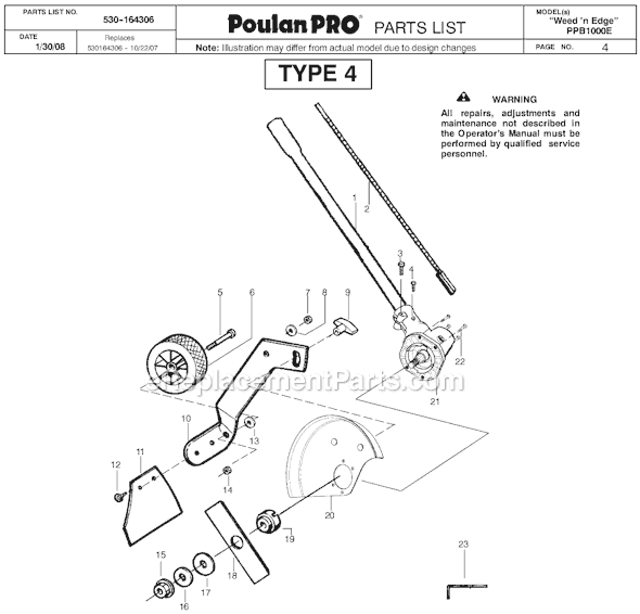 Poulan PP1000E Edger Attachment Type 4 Page A Diagram