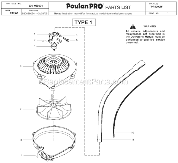 Poulan PP3000B Blower Attachment Type 1 Page A Diagram