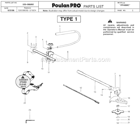 Poulan PP4000C Brushcutter Attachment Type 1 Page A Diagram