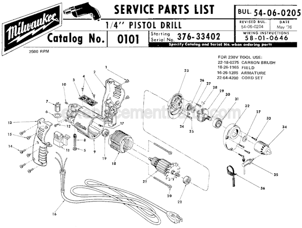Milwaukee 0101 (SER 376-33402) Electric Drill / Driver Page A Diagram