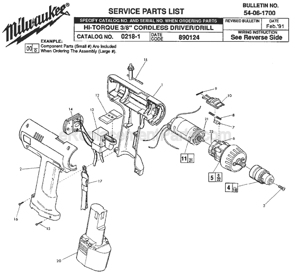 Milwaukee 0218-1 (SER 890124) Cordless Drill / Driver Page A Diagram