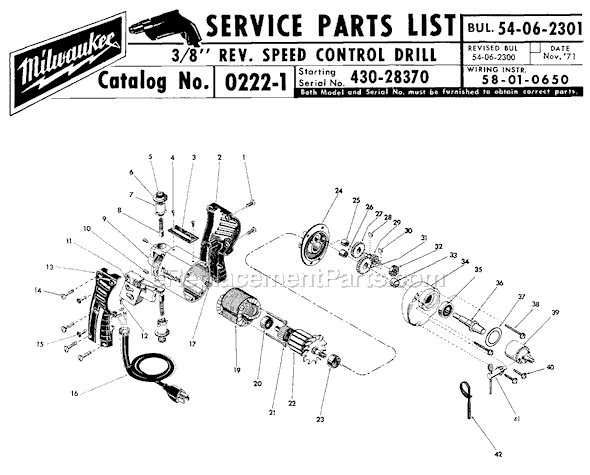 Milwaukee 0222-1 (SER 430-28370) 3/8" Rev. Speed Control Drill Page A Diagram