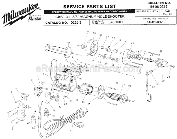 Milwaukee 0226-3 (SER 576-1001) Electric Drill / Driver Page A Diagram