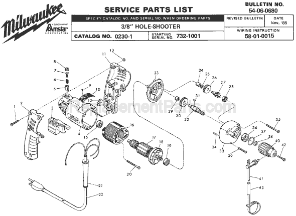 Milwaukee 0230-1 (SER 732-1001) Electric Drill / Driver Page A Diagram