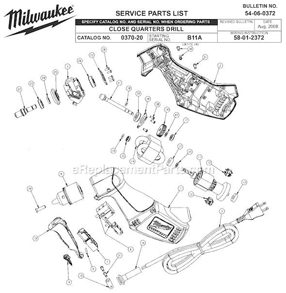 Milwaukee 0370-20 (SER B11A) 3/8 in. Close Quarter Angle Drill Page A Diagram