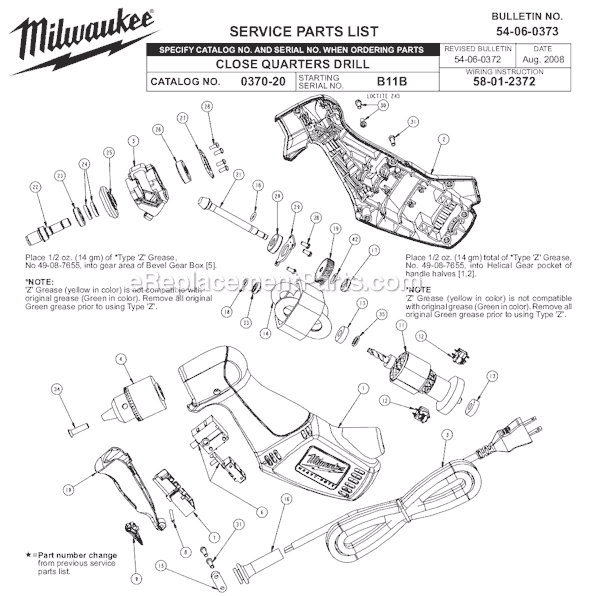 Milwaukee 0370-20 (SER B11B) 3/8 in. Close Quarter Angle Drill Page A Diagram