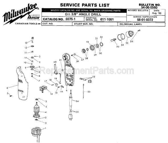 Milwaukee 0375-1 (SER 611-1001) Angle Drill Page A Diagram