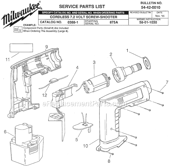 Milwaukee 0388-1 (SER 875A) Cordless 7.2V Screw-Shooter Page A Diagram