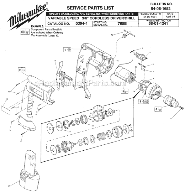 Milwaukee 0394-1 (SER 765B) 9.6V VS 3/8" Cordless Drill Page A Diagram