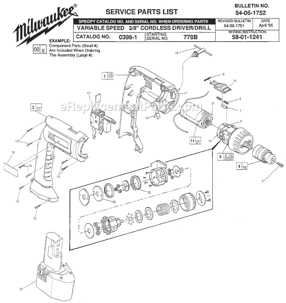 Milwaukee 0398-1 (SER 778B) 12V 3/8" Variable Speed Cordless Drill Page A Diagram