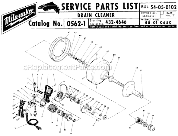 Milwaukee 0562-1 (SER 432-4646) Drain Cleaner Page A Diagram