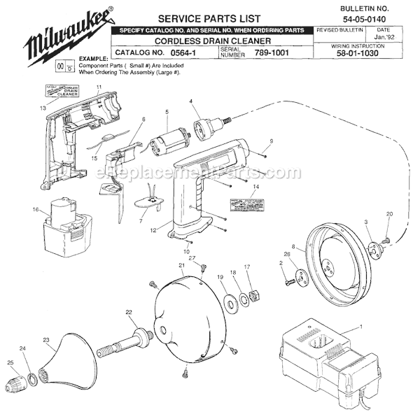 Milwaukee 0564-1 (SER 789-1001) Cordless Drain Cleaner Page A Diagram