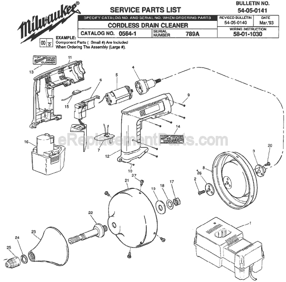 Milwaukee 0564-1 (SER 789A) Drain Cleaner Page A Diagram