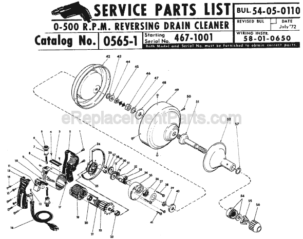 Milwaukee 0565-1 (SER 467-1001) Reversing Drain Cleaner Page A Diagram