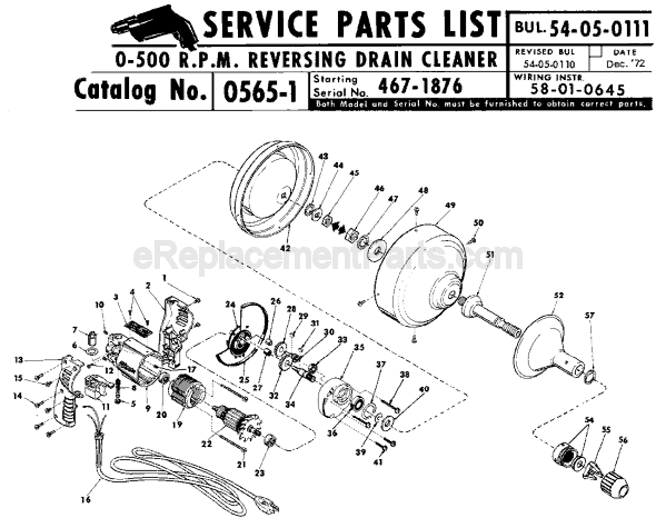 Milwaukee 0565-1 (SER 467-1876) Reversing Drain Cleaner Page A Diagram
