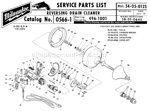 Milwaukee 0566-1 (SER 496-1001) Drain Cleaner Page A Diagram