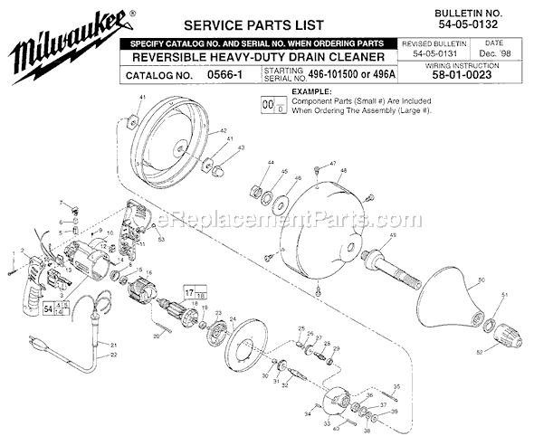 Milwaukee 0566-1 (SER 496-101500) Drain Cleaner Page A Diagram