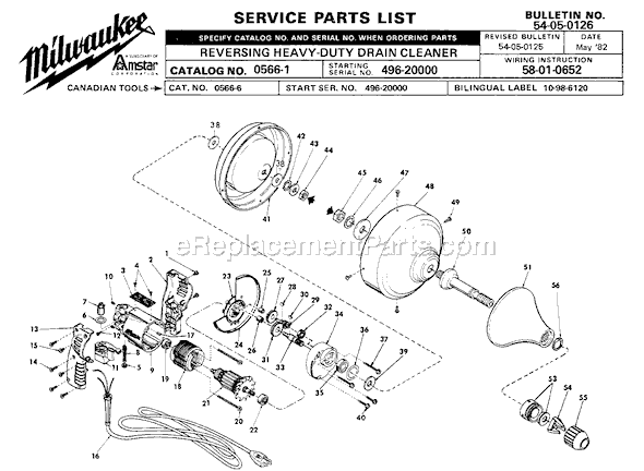 Milwaukee 0566-1 (SER 496-20000) Drain Cleaner Page A Diagram