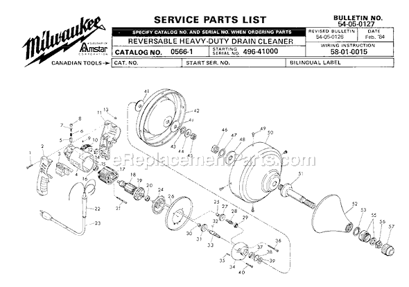 Milwaukee 0566-1 (SER 496-41000) Drain Cleaner Page A Diagram