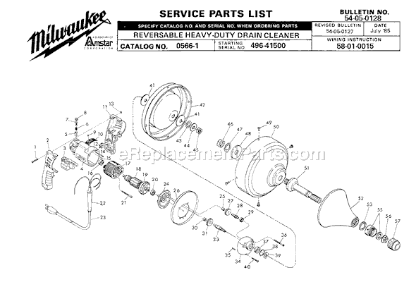 Milwaukee 0566-1 (SER 496-41500) Drain Cleaner Page A Diagram
